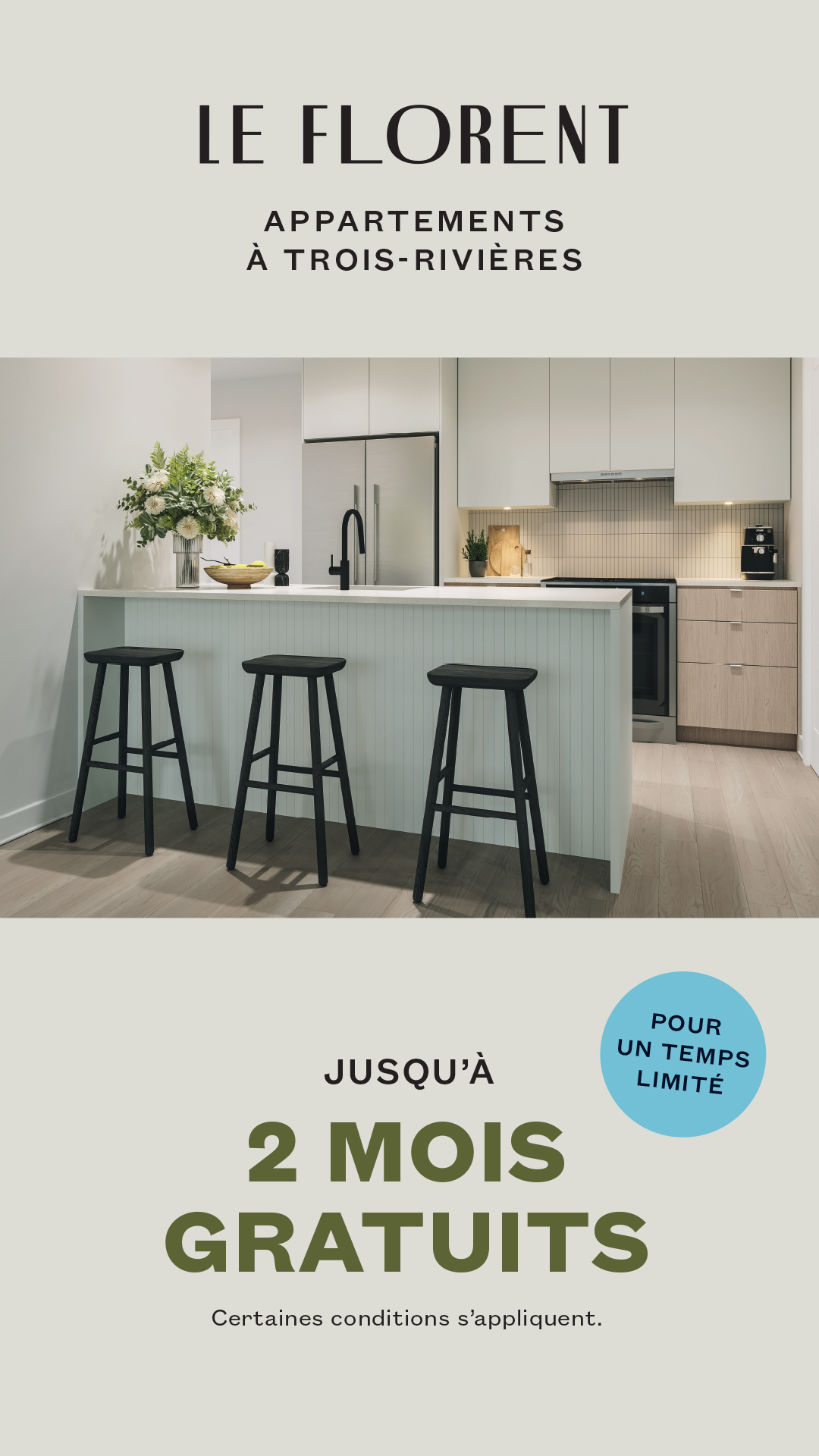 Promotion Le Florent : jusqu'à 2 mois gratuits sur un appartement à Trois-Rivières